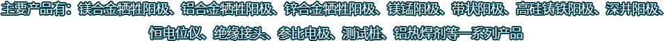 主要產(chǎn)品有：鎂合金犧牲陽(yáng)極、鋁合金犧牲陽(yáng)極、鋅合金犧牲陽(yáng)極、鎂錳陽(yáng)極、帶狀陽(yáng)極、高硅鑄鐵陽(yáng)極、深井陽(yáng)極、恒電位儀、絕緣接頭、參比電極、測(cè)試樁、鋁熱焊劑等一系列產(chǎn)品